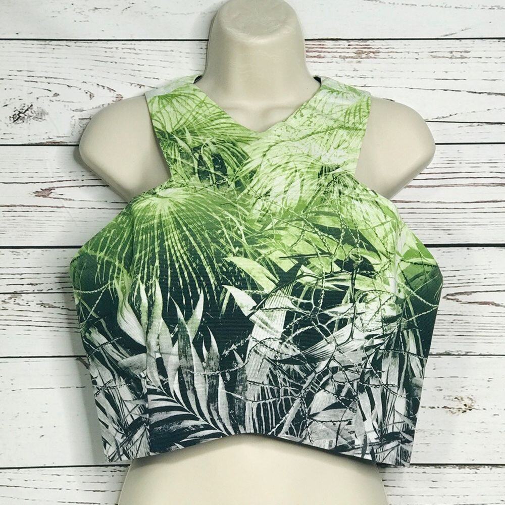 Line + Dot Sleeveless Leaf Stretch Crop Halter Top Green Black White Large